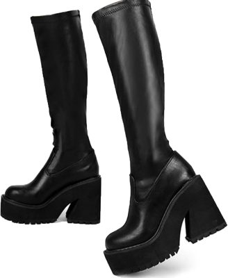 AMINUGAL Womens Elastic Knee High Platform Chunky Block High Heel Sock Boots Zipper Round Toe Fashion Motorcycle Combat Punk Boots For Women