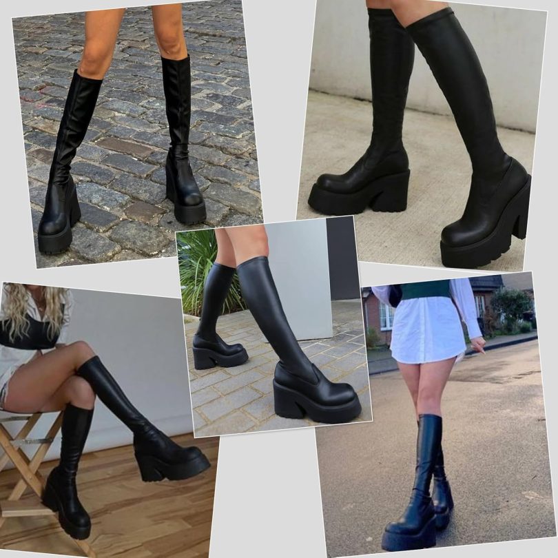 AMINUGAL Womens Elastic Knee High Platform Chunky Block High Heel Sock Boots Zipper Round Toe Fashion Motorcycle Combat Punk Boots For Women - Image 6