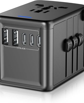 Travel Adapter, 6.0A 30W International Power Adapter, 5 USB C/A Ports + AC Outlets for All USB Devices, Type I C G A Plugs 110V 220V A/C, European Travel Plug Adapter for 200+ Countries