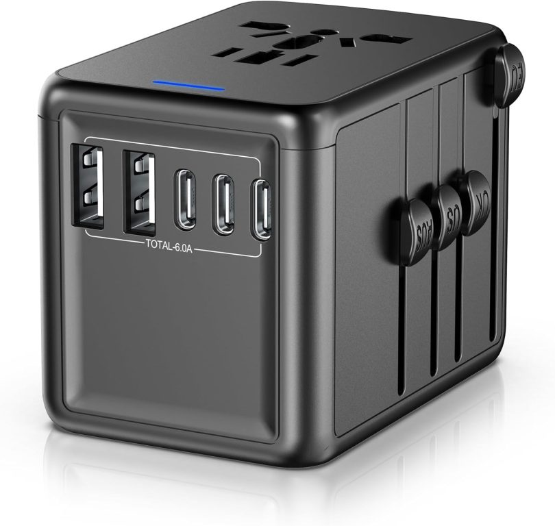 Travel Adapter, 6.0A 30W International Power Adapter, 5 USB C/A Ports + AC Outlets for All USB Devices, Type I C G A Plugs 110V 220V A/C, European Travel Plug Adapter for 200+ Countries