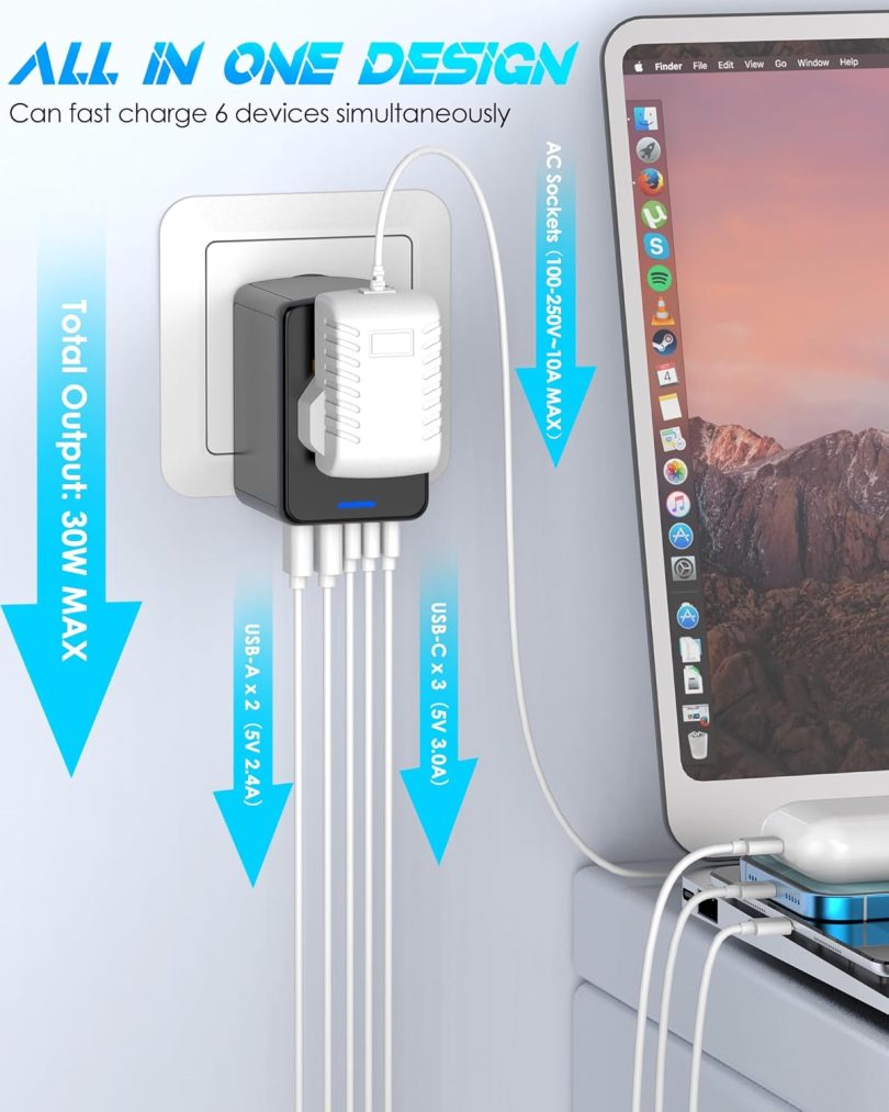 Travel Adapter, 6.0A 30W International Power Adapter, 5 USB C/A Ports + AC Outlets for All USB Devices, Type I C G A Plugs 110V 220V A/C, European Travel Plug Adapter for 200+ Countries - Image 2