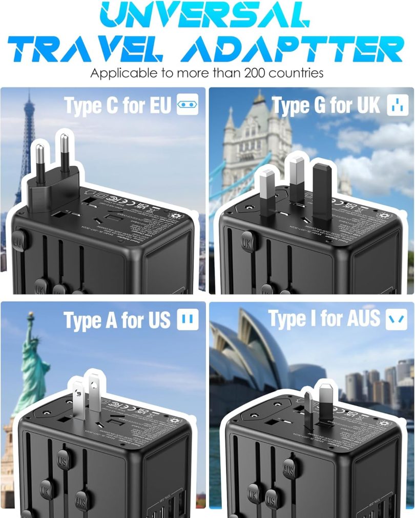 Travel Adapter, 6.0A 30W International Power Adapter, 5 USB C/A Ports + AC Outlets for All USB Devices, Type I C G A Plugs 110V 220V A/C, European Travel Plug Adapter for 200+ Countries - Image 3